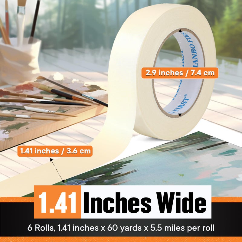 TIANBO FIRST Masking Tape 1.41 Inch Wide Thin Beige White Painters Masking Tape Bulk for Painting Home Office School Stationery, 1.41 Inches x 60 Yards, 6 Rolls - Image 2